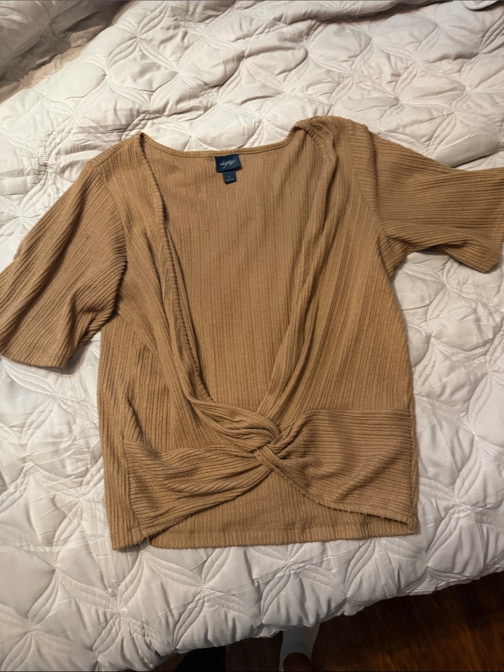 Daytrip Ribbed Knot-Front Short Sleeve Top - Camel